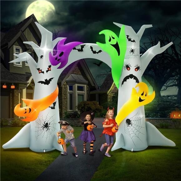 14FT Length X 10FT Tall Halloween Inflatable Tree Arch with 4 Colorful Ghosts, - Picture 1 of 7